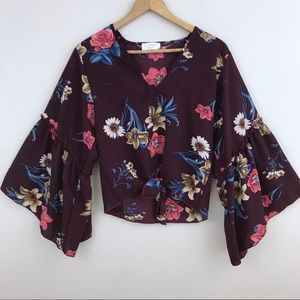 Lavender Field floral bell sleeve tie blouse